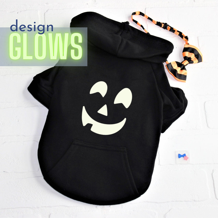 Black Dog Hoodie with Glow-in-the-Dark Pumpkin Face - Halloween Pet Costume