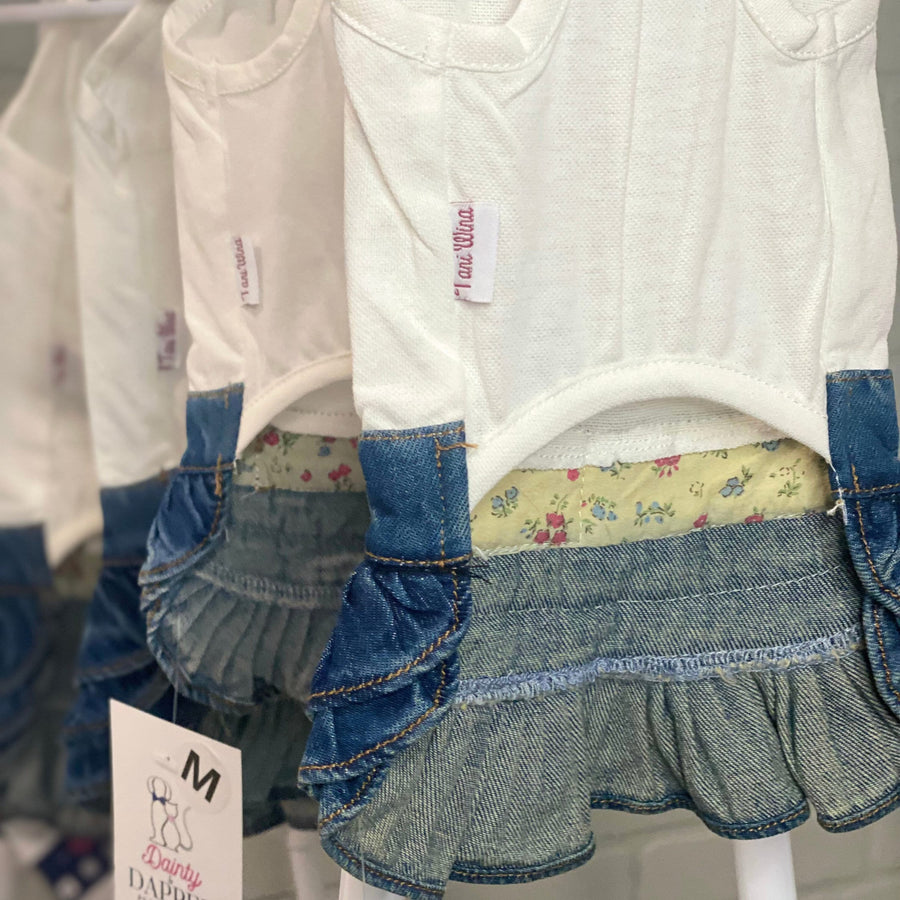 Blue Jean Dog Dress for Small Dogs - 'I Love Mama' with Green Gold Heart