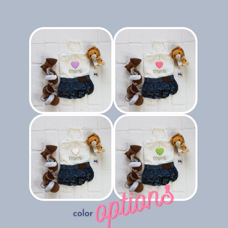 Blue Jean Dog Dress for Small Dogs - 'I Love Mama' with Green Gold Heart