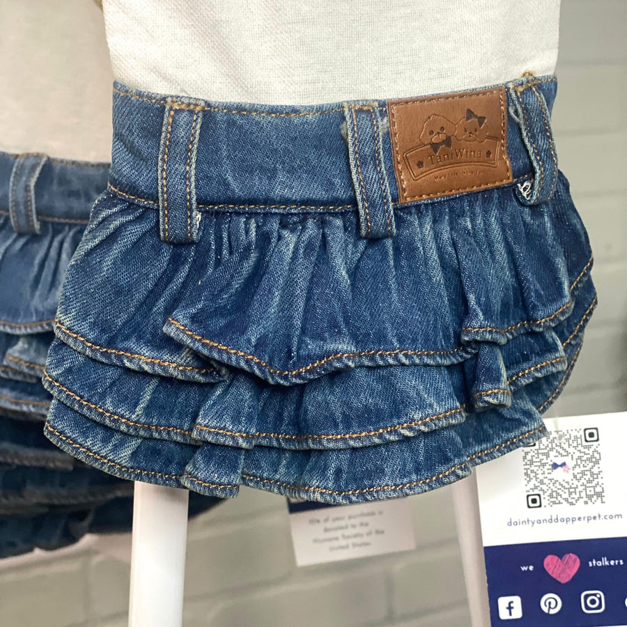 Blue Jean Dog Dress for Small Dogs - 'I Love Mama' with Green Gold Heart