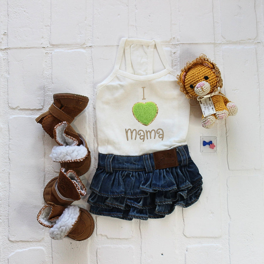 Blue Jean Dog Dress for Small Dogs - 'I Love Mama' with Green Gold Heart