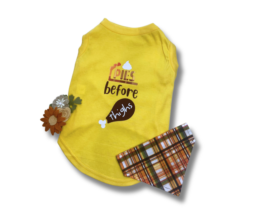 humorous dog shirt for fall, flat lay showing coordinating dog accessories in fall colors, yellow shirt, Pies before thighs design in fall colors