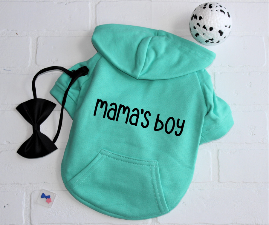 Mama's Boy Dog Hoodie | Teal Sweatshirt Outfit for Stylish Boy Dogs