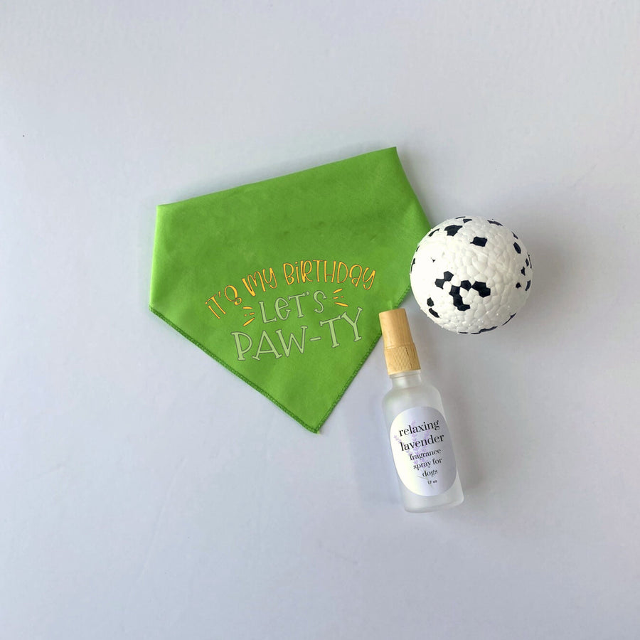 Perfect Birthday Gift Box: Dog Bandana, Fragrance Spray & Toy Ball