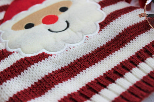 close up of red dog sweater with felt santa
