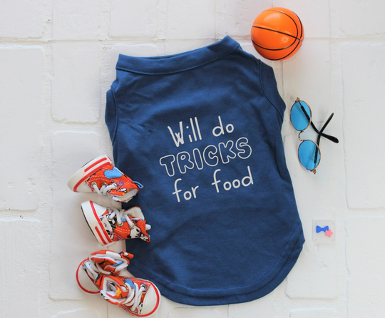 Comical Blue Dog T-Shirt - 'Will Do Tricks For Food' Funny Pet Apparel