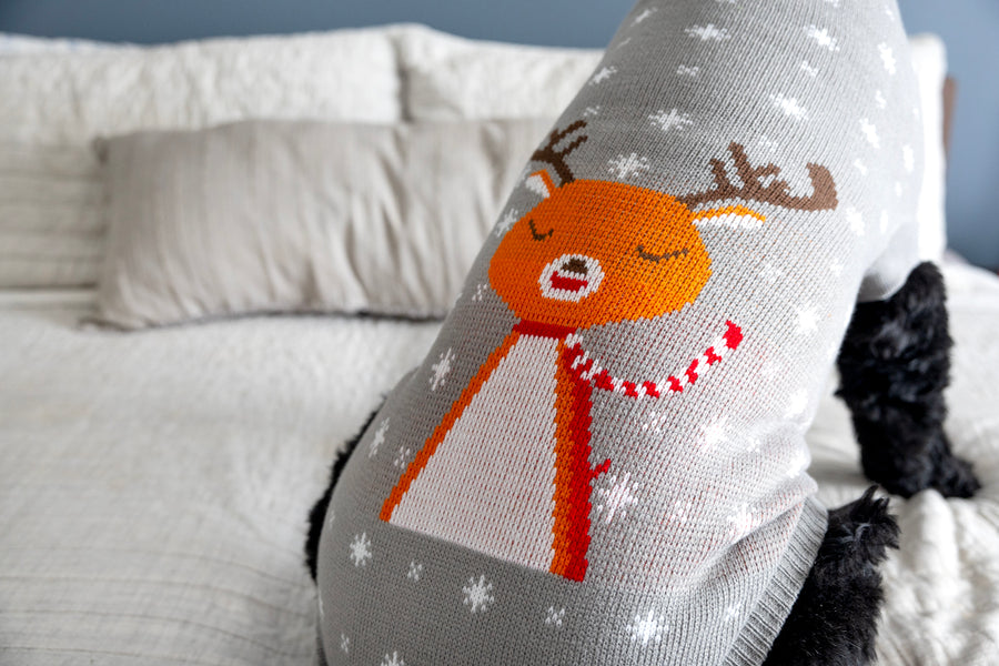 Cute dog sweater with reindeer, close up of design with white snowflakes