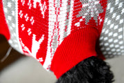 Dog Sweater with banded arms, close up of sleeve, in red