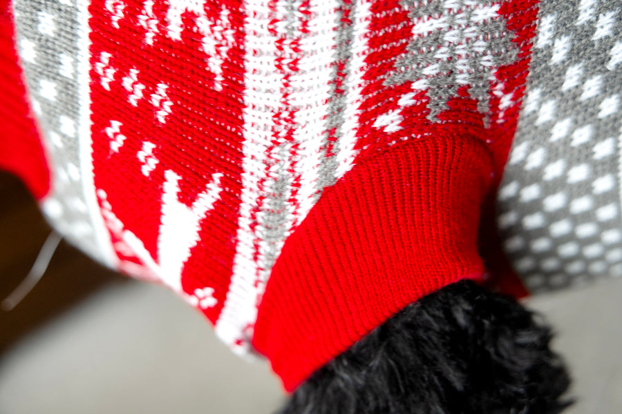 Dog Sweater with banded arms, close up of sleeve, in red