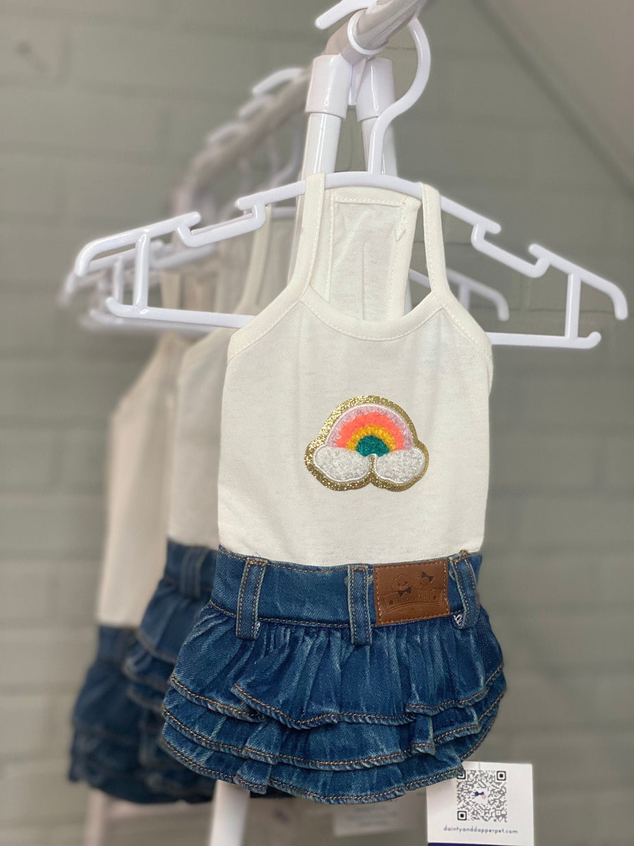 Dog Dress with Denim Skirt | Glitter Rainbow Design for Pet Outfit