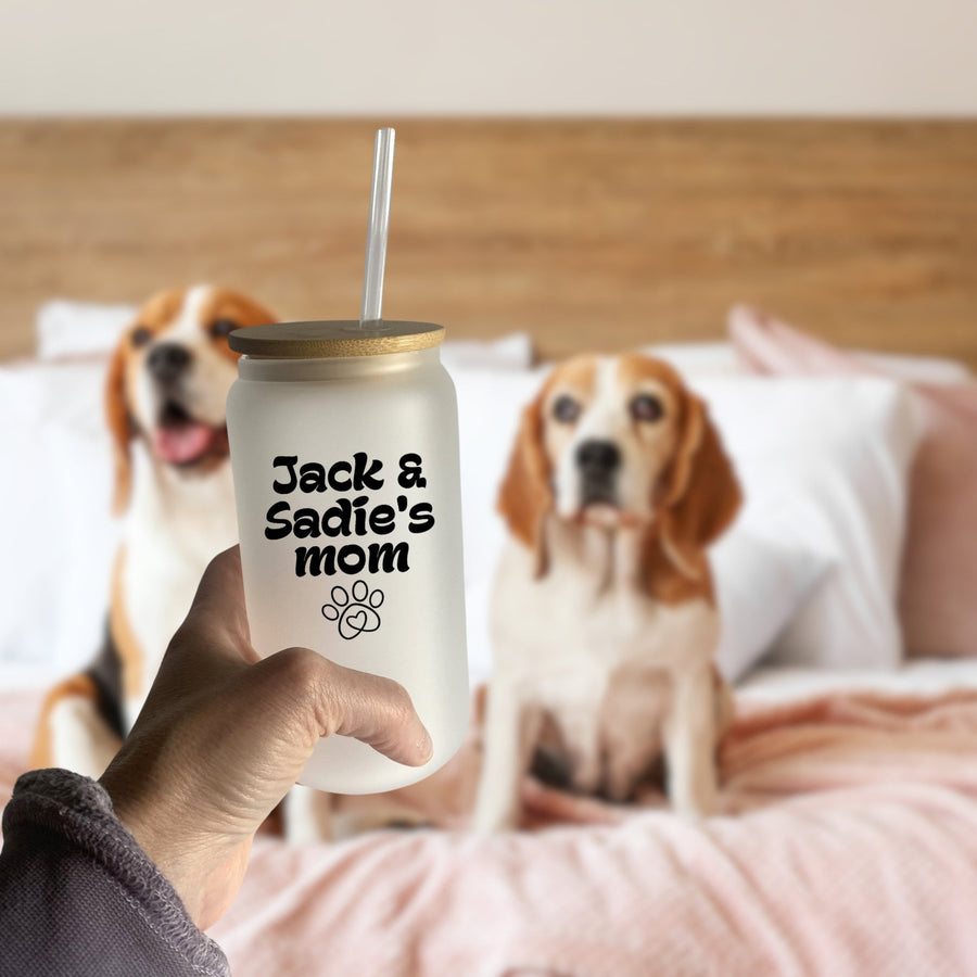 Personalized Dog Mom Mug | Black Glass Tumbler with Pet Name & Paw Print