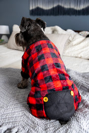 Cute Pet Pajamas with buttons, Red Plaid Pjs, Showing backside