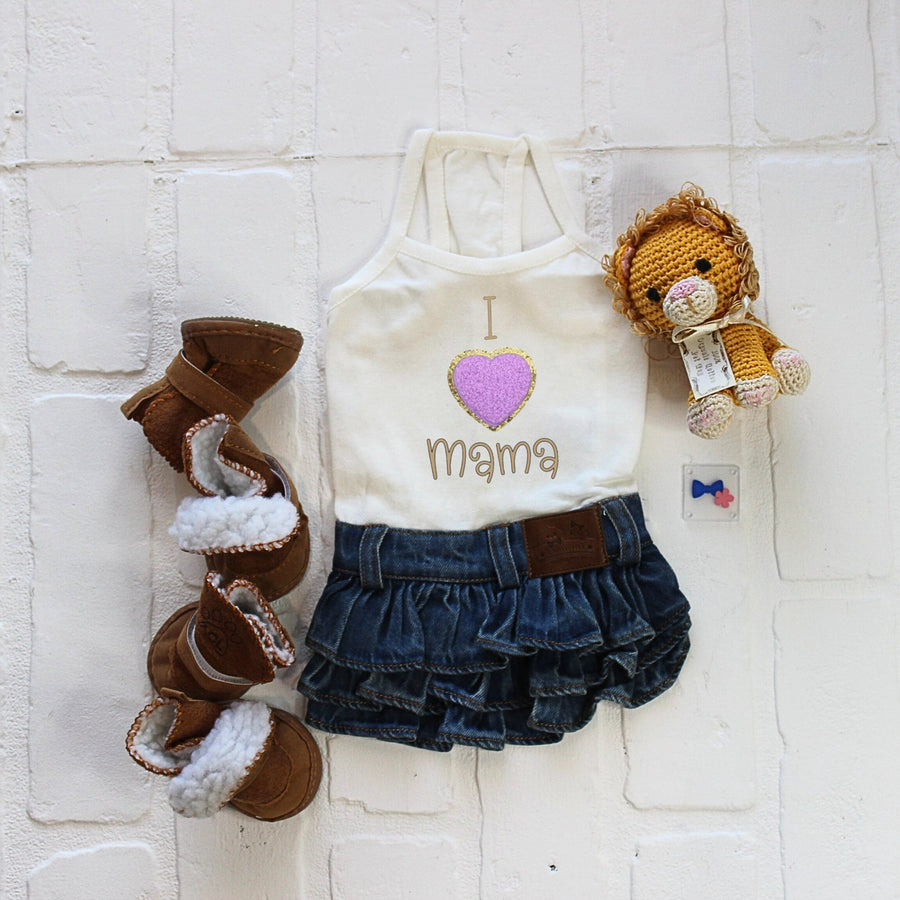 Pet Dress for Teacup Dog - Blue Jean Skirt & Purple Chenille Heart Patch