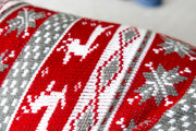 Deer Dog Shirt in Red with Grey design, close up of fabric and design