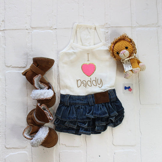Small Dog Outfit for Daddy's Girl - Pink Chenille Heart Patch Pet Apparel