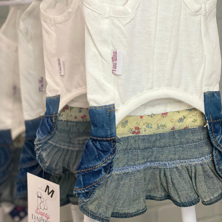 Dog Dress for Small Dog Outfit for Mama Girl Dog Harness Dress for Pet Clothes for Teacup Size Dog Tank for Puppy Shirt Blue Jean Green
