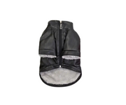 underside of waterproof pleather dog jacket in black, showing fleece lining