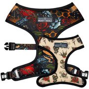 reversible dog harness showing both sides, black and tan color