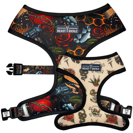 reversible dog harness showing both sides, black and tan color