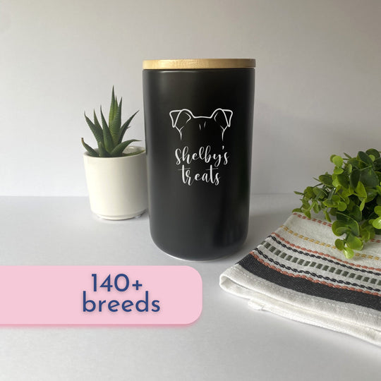 Custom Dog Treat Canister | Black with Pet Breed & Name Personalization