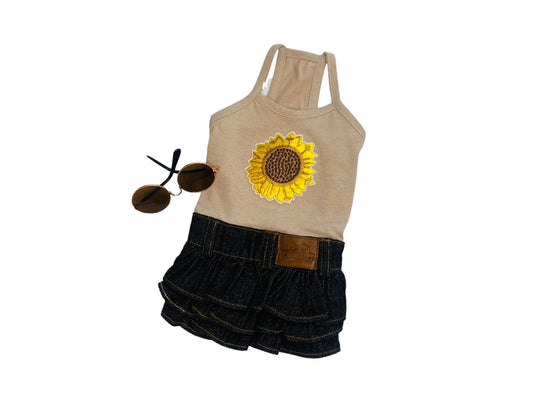 Denim Dress for Small Dog with Sunflower | Cute Pet Outfit for Summer
