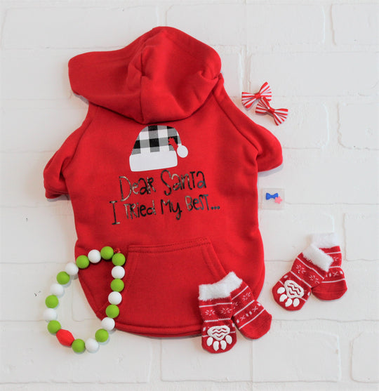 Red Christmas Dog Sweatshirt in flat lay position, funny design for dog  in black and white.