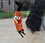 dog sweater dress for Thanksgiving, color orange showing large turkey face on sweater