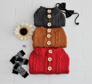 Fall sweater for dog showing 3 colors, red, orange, gray. Showing wooden button detail with dog accessories.