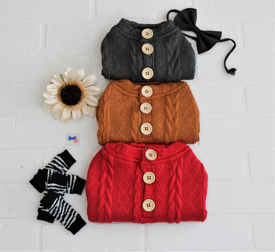 Fall sweater for dog showing 3 colors, red, orange, gray. Showing wooden button detail with dog accessories.