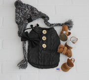 grey dog sweater for cool weather with dog shoes and dog hat.