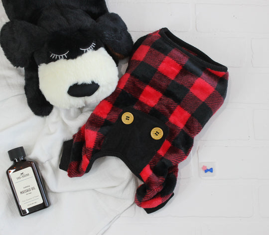 flatlay of red and black dog pjs with dog accessories